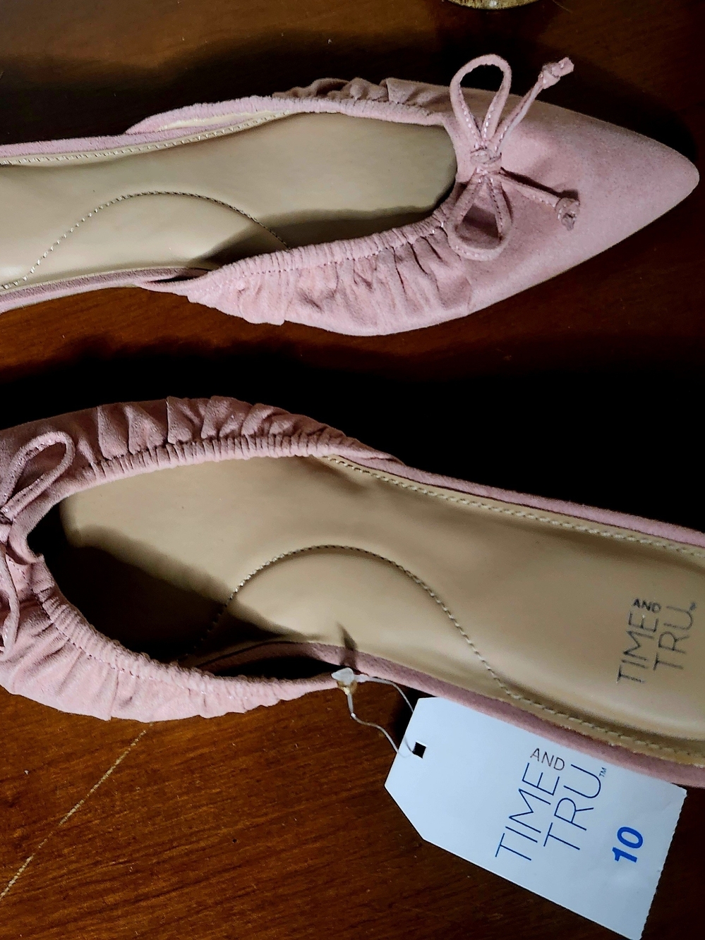 Time and Tru Dusty Pink Ruched Pointed-Toe Ballet Flats with Bow